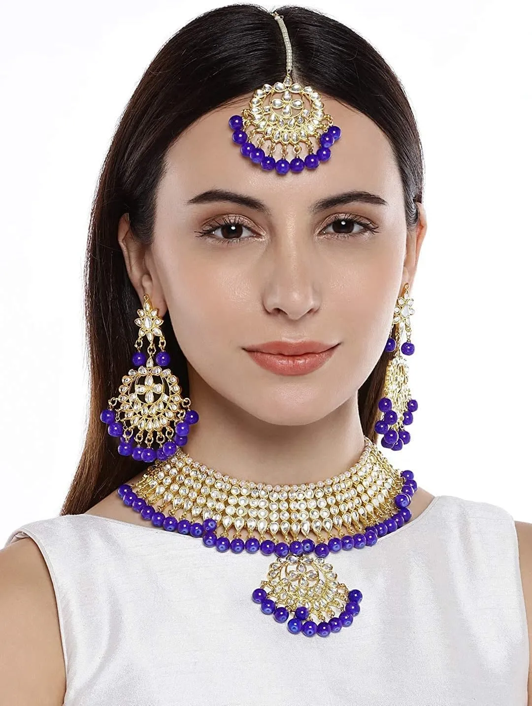 Aheli Indian Traditional Maang Tikka with Kundan Necklace Earrings Set Ethnic Wedding Party Designer Jewelry Gift for Women