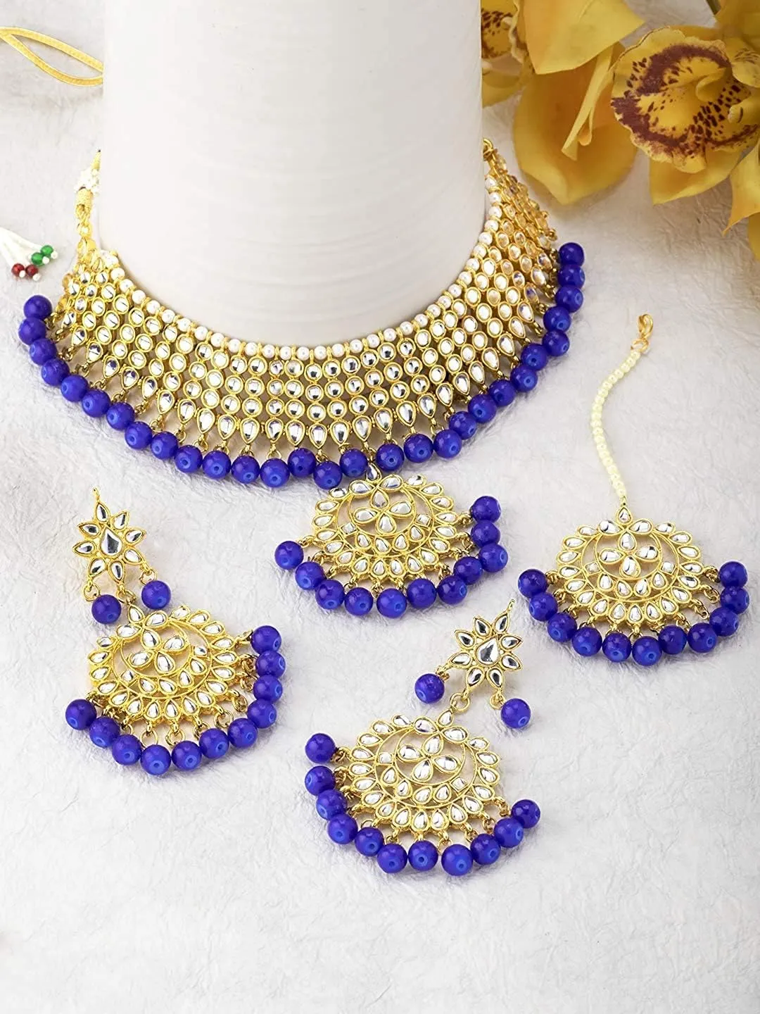 Aheli Indian Traditional Maang Tikka with Kundan Necklace Earrings Set Ethnic Wedding Party Designer Jewelry Gift for Women