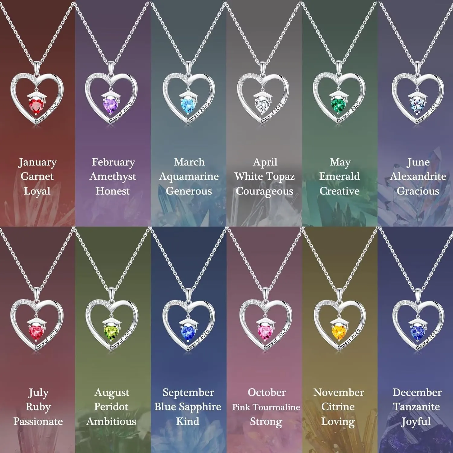 Anoup 2025 Graduation Gifts for Her - Sterling Silver Heart Graduation Necklace, Class of 2025 Ideas Gifts for Her Wife Girlfriend Birthstone Necklace