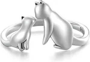 BISAER Sterling Silver Cat Rings - Adjustable Lovely Cats Animal Open Hug Rings - Women's Jewelry & Gifts