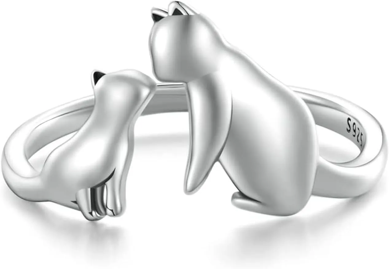 BISAER Sterling Silver Cat Rings - Adjustable Lovely Cats Animal Open Hug Rings - Women's Jewelry & Gifts