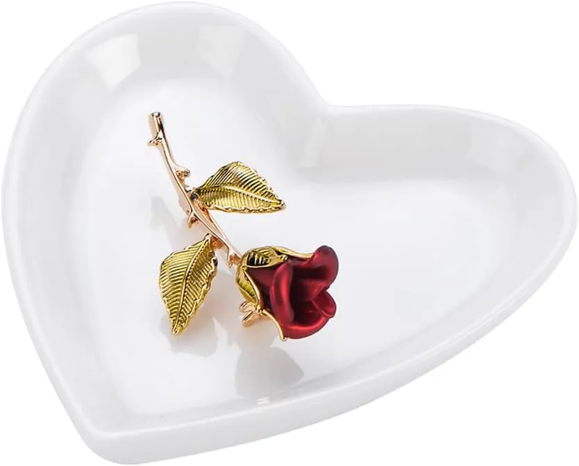 Blank Engagement Wedding Ring Dish for Newlyweds, Heart Shaped Home Decor, Ceramic Jewelry Holder Trays-Sweet Gift for Women, NO ROSE, White.