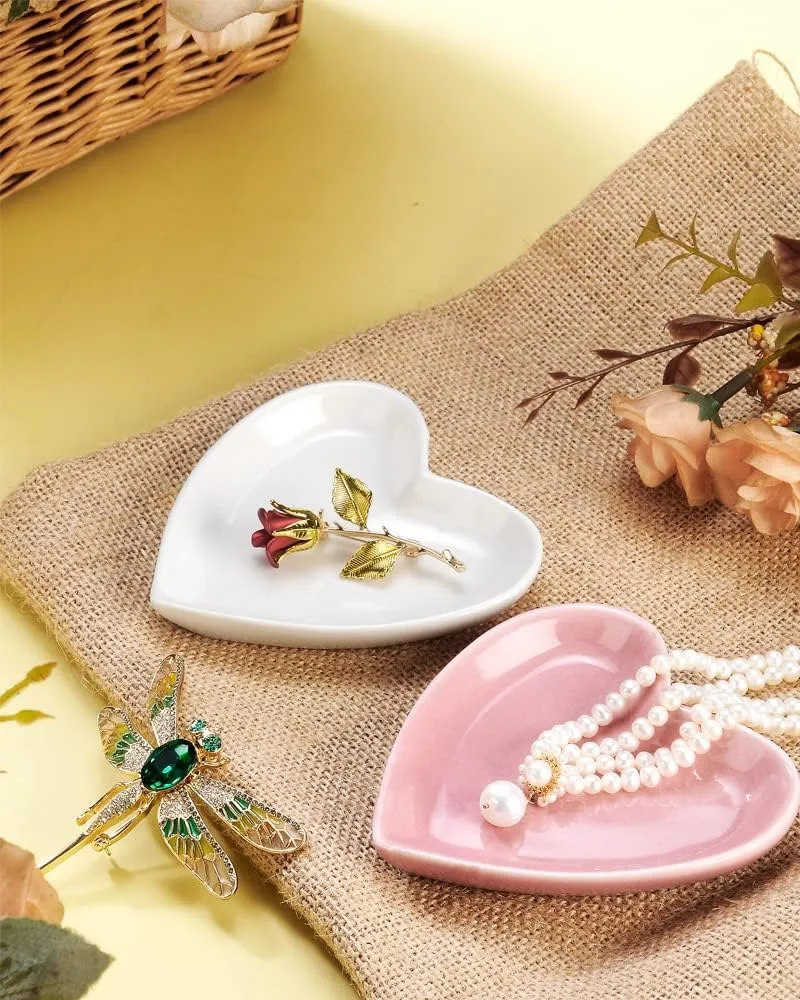 Blank Engagement Wedding Ring Dish for Newlyweds, Heart Shaped Home Decor, Ceramic Jewelry Holder Trays-Sweet Gift for Women, NO ROSE, White.