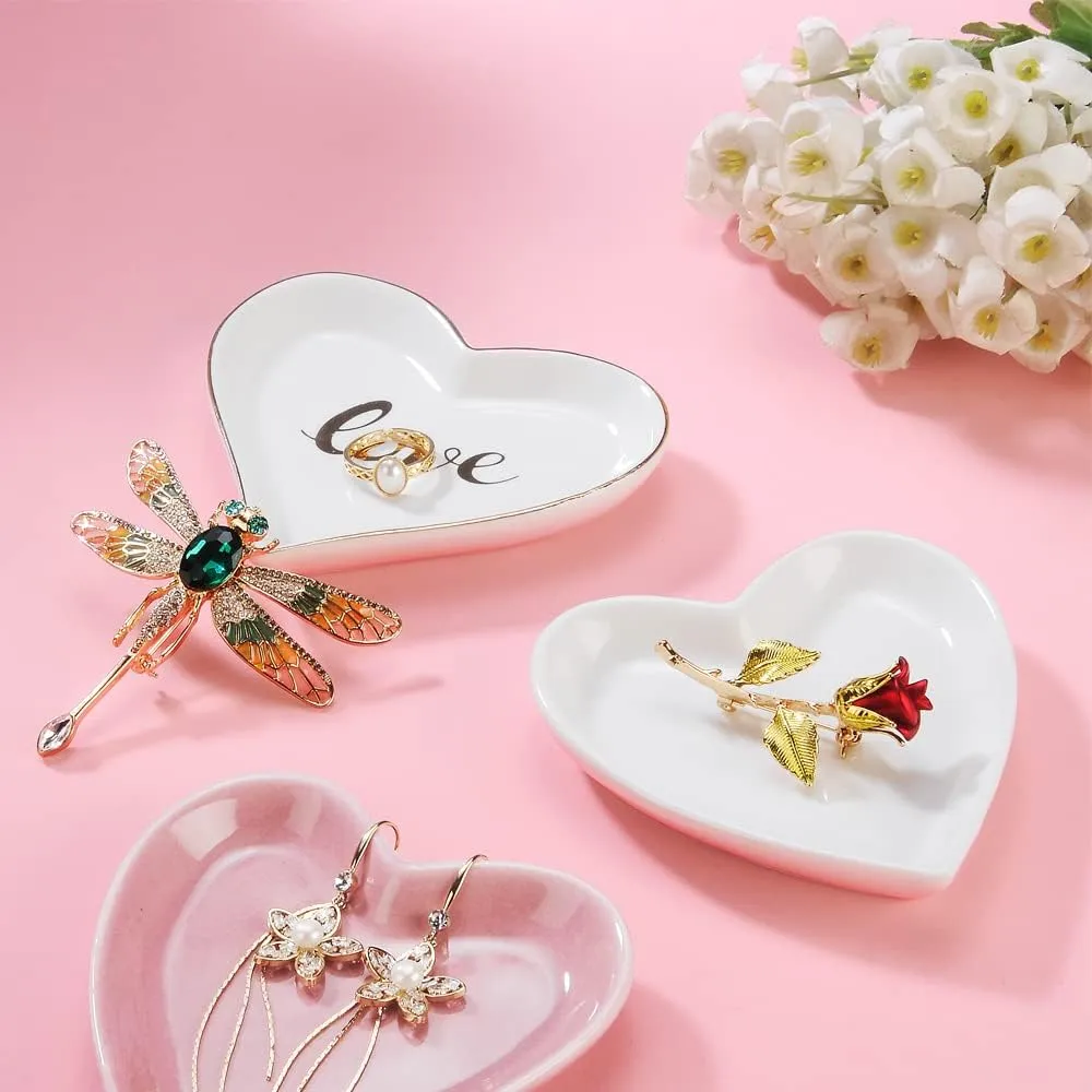Blank Engagement Wedding Ring Dish for Newlyweds, Heart Shaped Home Decor, Ceramic Jewelry Holder Trays-Sweet Gift for Women, NO ROSE, White.