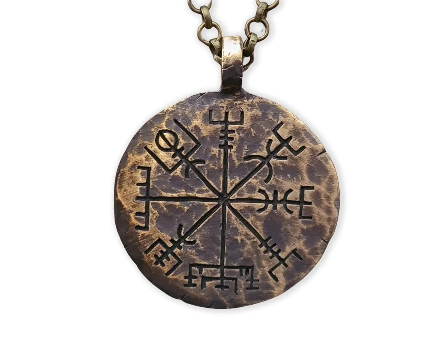 Brass Cast Handmade Hand Hammered Texture Vegvisir Compass Necklace Guiding Pendant Necklace Norse Jewelry Amulet For Men Viking Jewelry Gift - Bronze Looking - Viking Jewelry for Men