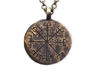 Brass Cast Handmade Hand Hammered Texture Vegvisir Compass Necklace Guiding Pendant Necklace Norse Jewelry Amulet For Men Viking Jewelry Gift - Bronze Looking - Viking Jewelry for Men