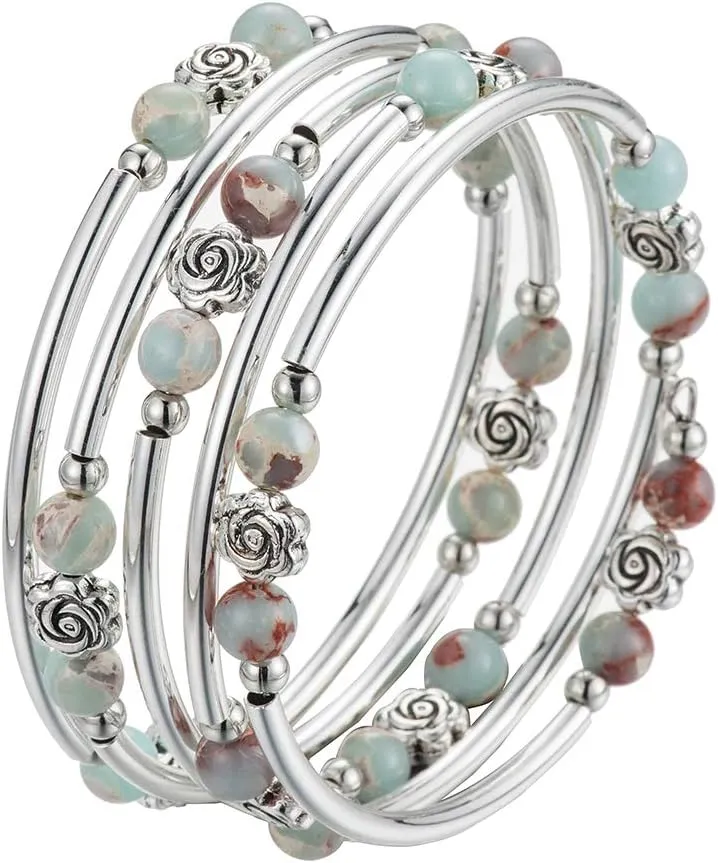 BULINLIN Wrap Bangle Rose Bead Bracelet - Beaded Bracelet with Natural Agate Stone Gifts For Women