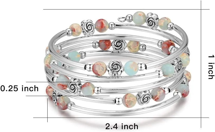 BULINLIN Wrap Bangle Rose Bead Bracelet - Beaded Bracelet with Natural Agate Stone Gifts For Women