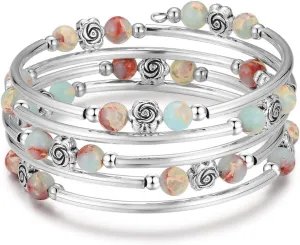 BULINLIN Wrap Bangle Rose Bead Bracelet - Beaded Bracelet with Natural Agate Stone Gifts For Women