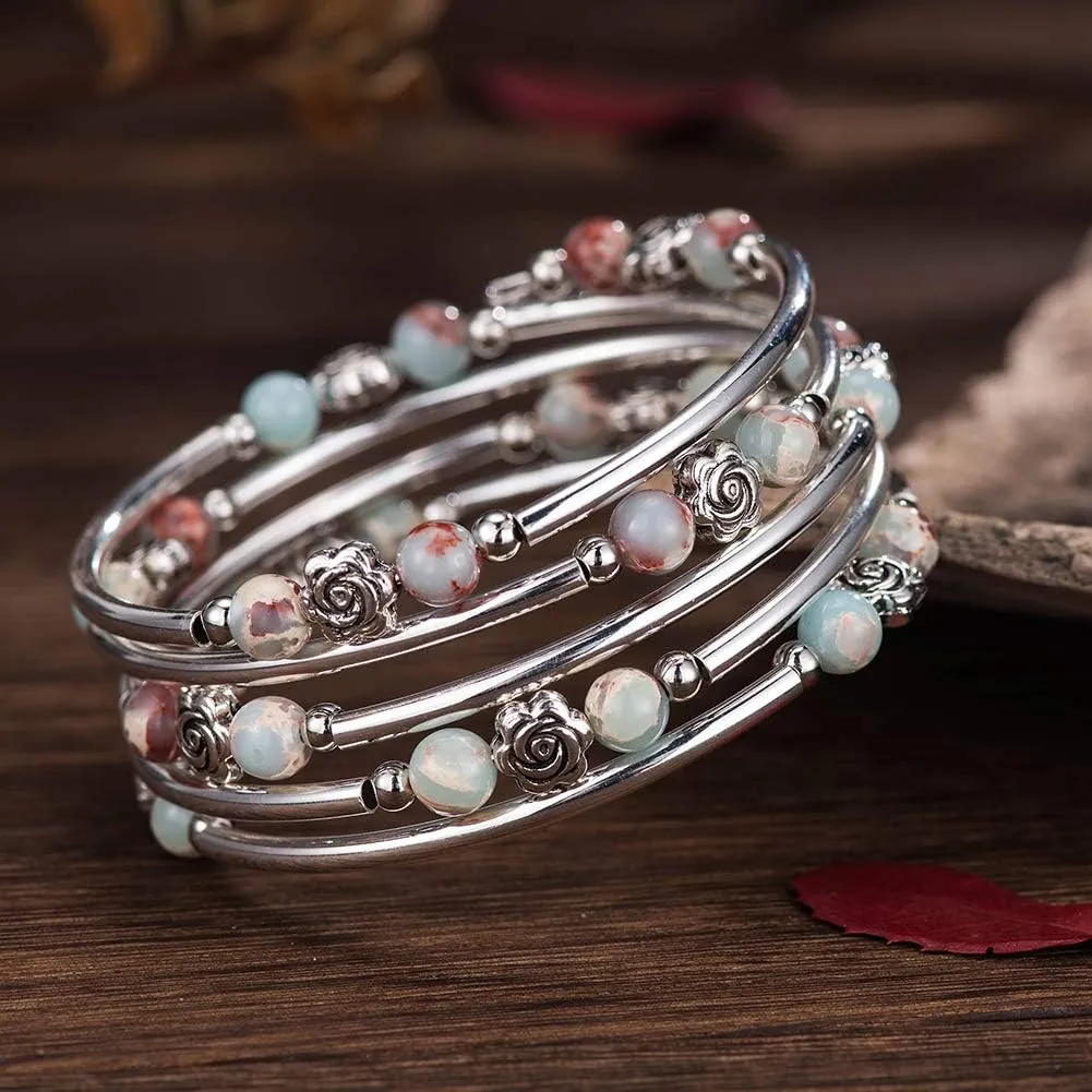 BULINLIN Wrap Bangle Rose Bead Bracelet - Beaded Bracelet with Natural Agate Stone Gifts For Women