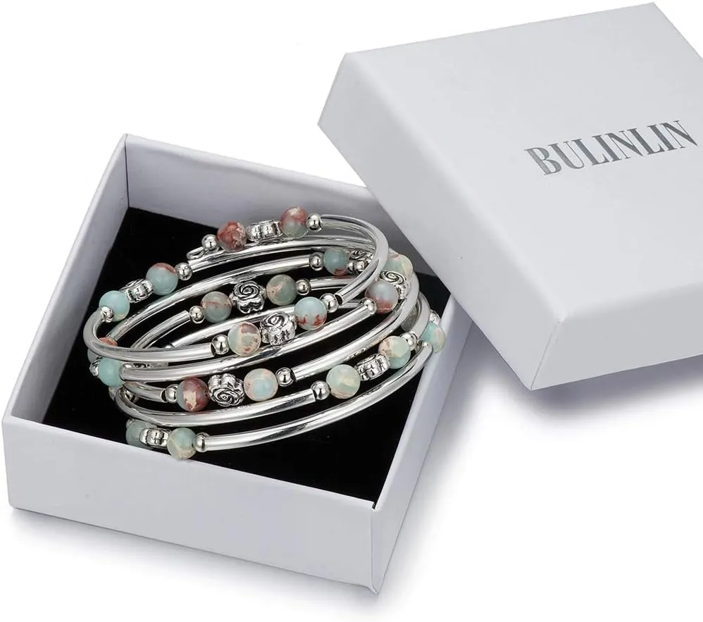 BULINLIN Wrap Bangle Rose Bead Bracelet - Beaded Bracelet with Natural Agate Stone Gifts For Women