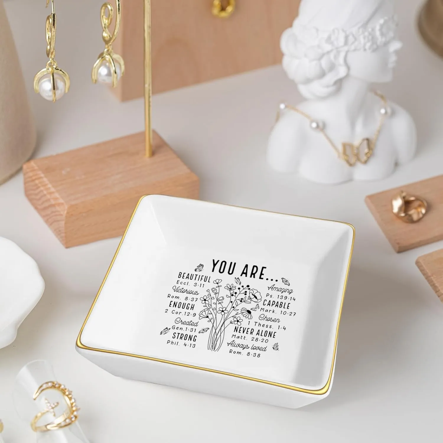 Christian Gifts for Women  Inspirational Trinket Dish Tray, Religious Catholic Spiritual Gifts Jewelry Plate with Bible Verse for Birthdays, Christmas