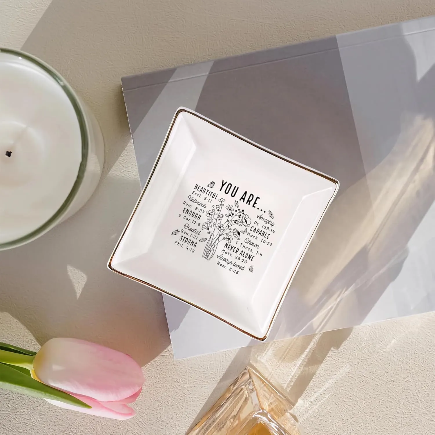 Christian Gifts for Women  Inspirational Trinket Dish Tray, Religious Catholic Spiritual Gifts Jewelry Plate with Bible Verse for Birthdays, Christmas