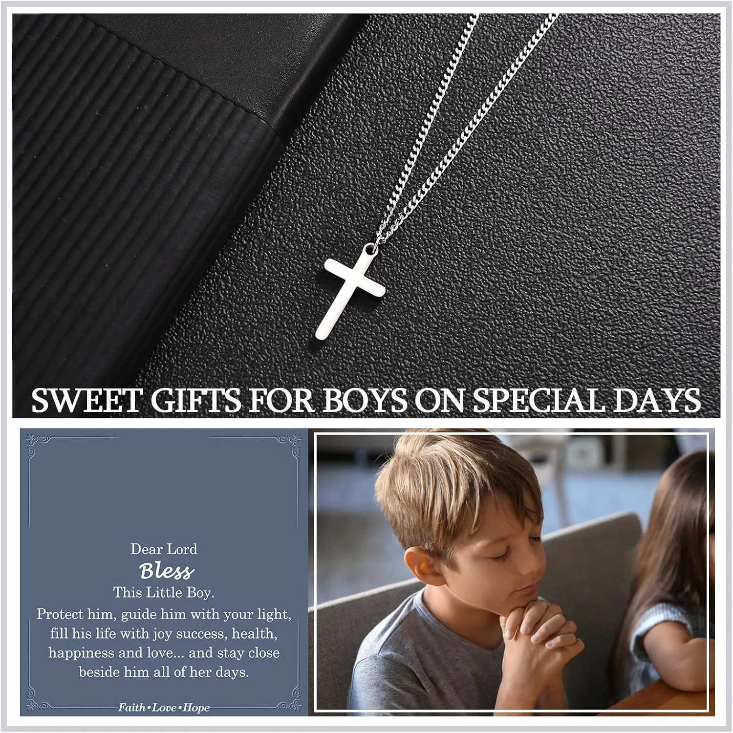 Cross Necklace for Boys, Baptism First Holy Communion Confirmation Easter Basket Stuffers Graduation Gifts for Teenage Boys Christmas Valentines Day Birthday Gifts for Son Grandson Nephew Brother