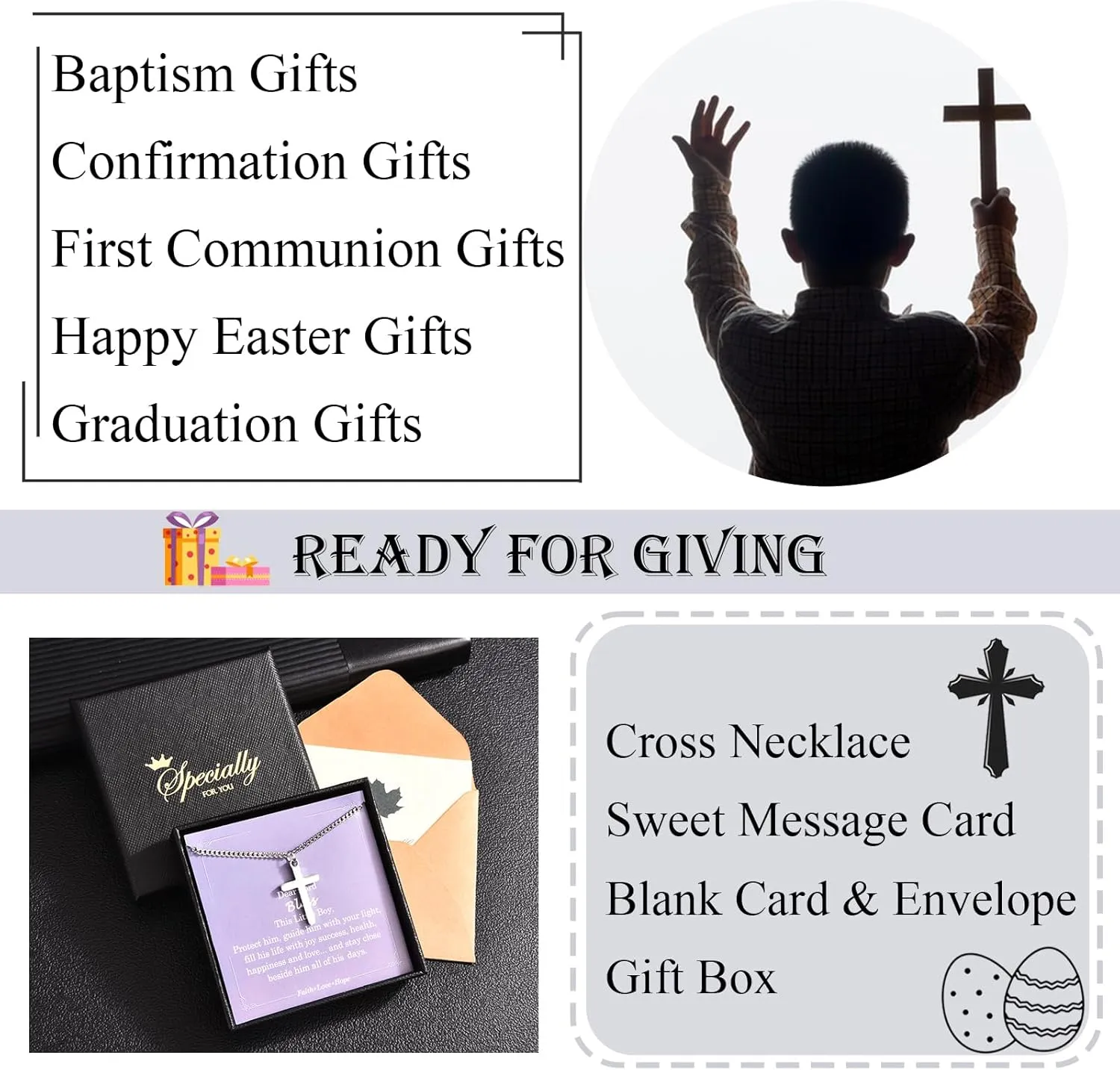 Cross Necklace for Boys, Baptism First Holy Communion Confirmation Easter Basket Stuffers Graduation Gifts for Teenage Boys Christmas Valentines Day Birthday Gifts for Son Grandson Nephew Brother