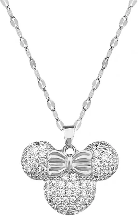 Dainty CZ Lady Mouse Pendant Necklace for Women Teen Girls Surgical Stainless Steel Hypoallergenic Crystal Choker Chain Necklace Adjustable Comfortable Cute Birthday Holiday Jewelry Gifts 18inch
