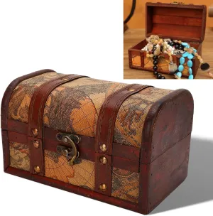 DAUERHAFT Treasure Chest, Wooden Vintage Style Boxes with Map Pattern, Handmade Jewelry Storage Case, Decoration Wood Organizer for Home Office Jewelry Ornaments Gifts