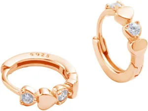 Double Love Heart Cubic Zirconia Small Hoop Earrings for Women Girls 925 Sterling Silver Cartilage Tiny Cute Huggie Hoops Hypoallergenic Nickel Free Holiday Jewelry Gifts for Her Rose Gold Tone