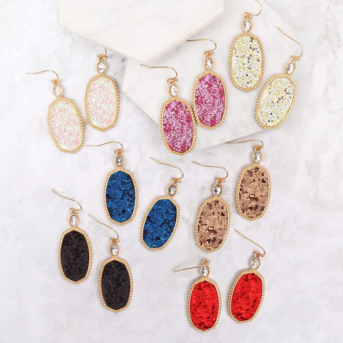 Faceted Jewel Geometric Drop Earrings - Sparkly Acrylic Crystal Statement Dangles Opalescent Oval, Hexagon, Leopard Clover, Leaf Teardrop