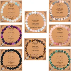 FIRAZIO 8Pcs Christian Gifts for Women Men, Inspirational Gifts Natural Stone Cross Bracelet with Bible Verse Prayers Card Religious Gifts for Women Friends