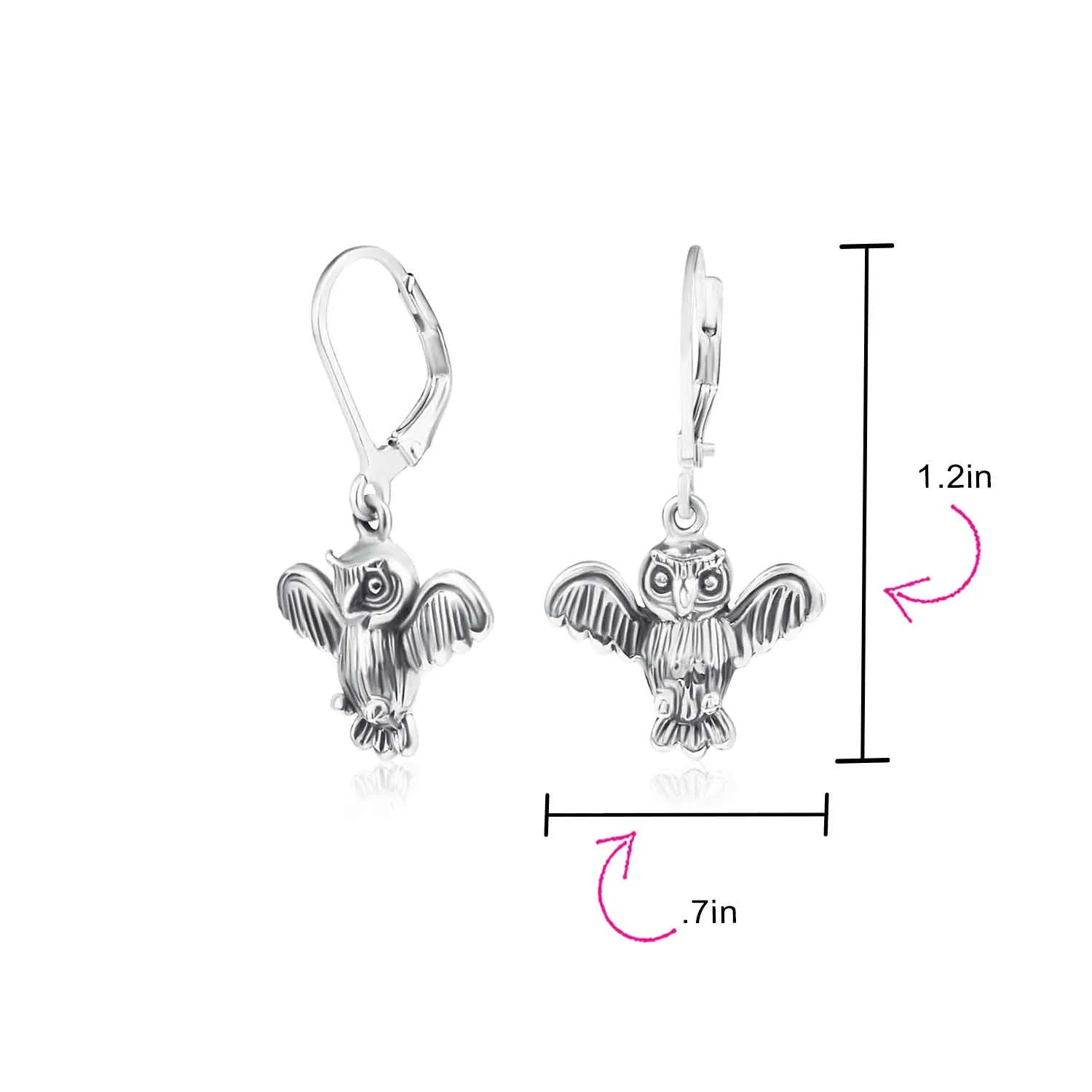 Flying Wise Owl Bird Dangle Necklace Earrings .925 Sterling Silver