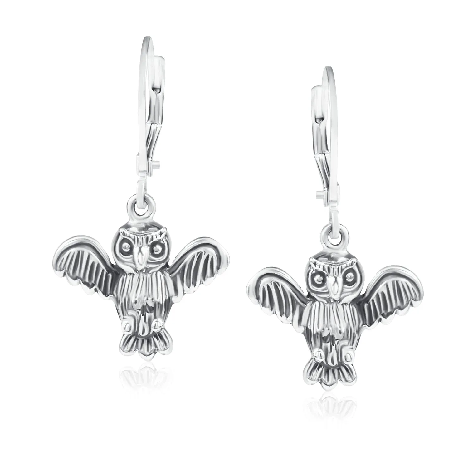 Flying Wise Owl Bird Dangle Necklace Earrings .925 Sterling Silver