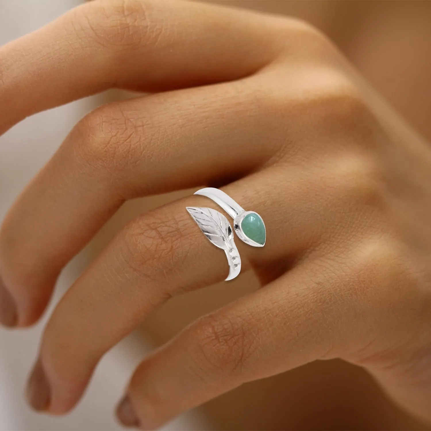 Green Aventurine Ring Designer Leaf Adjustable 925 Sterling Silver Rings for Women Girl Pear Stone Ring mothers day gifts