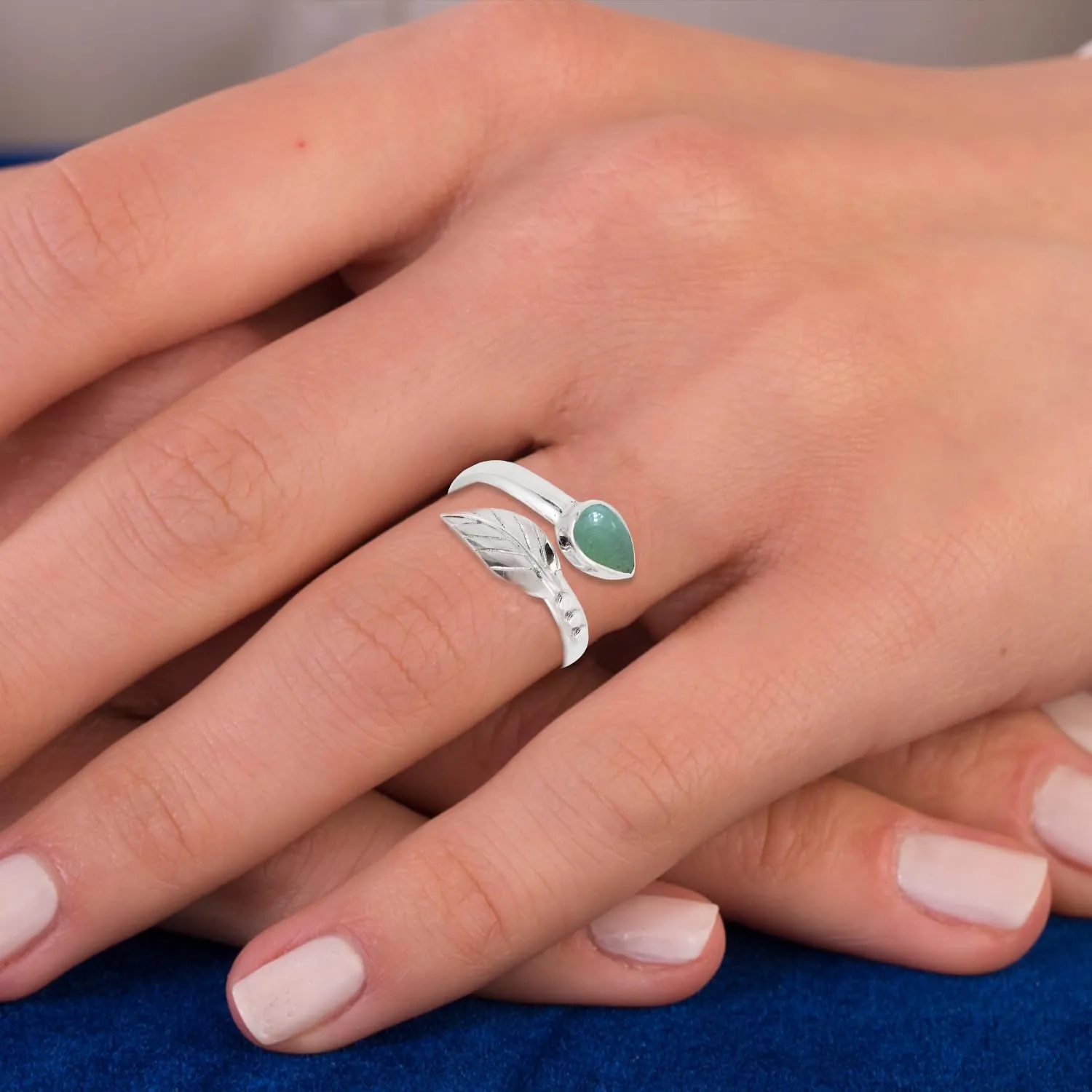 Green Aventurine Ring Designer Leaf Adjustable 925 Sterling Silver Rings for Women Girl Pear Stone Ring mothers day gifts