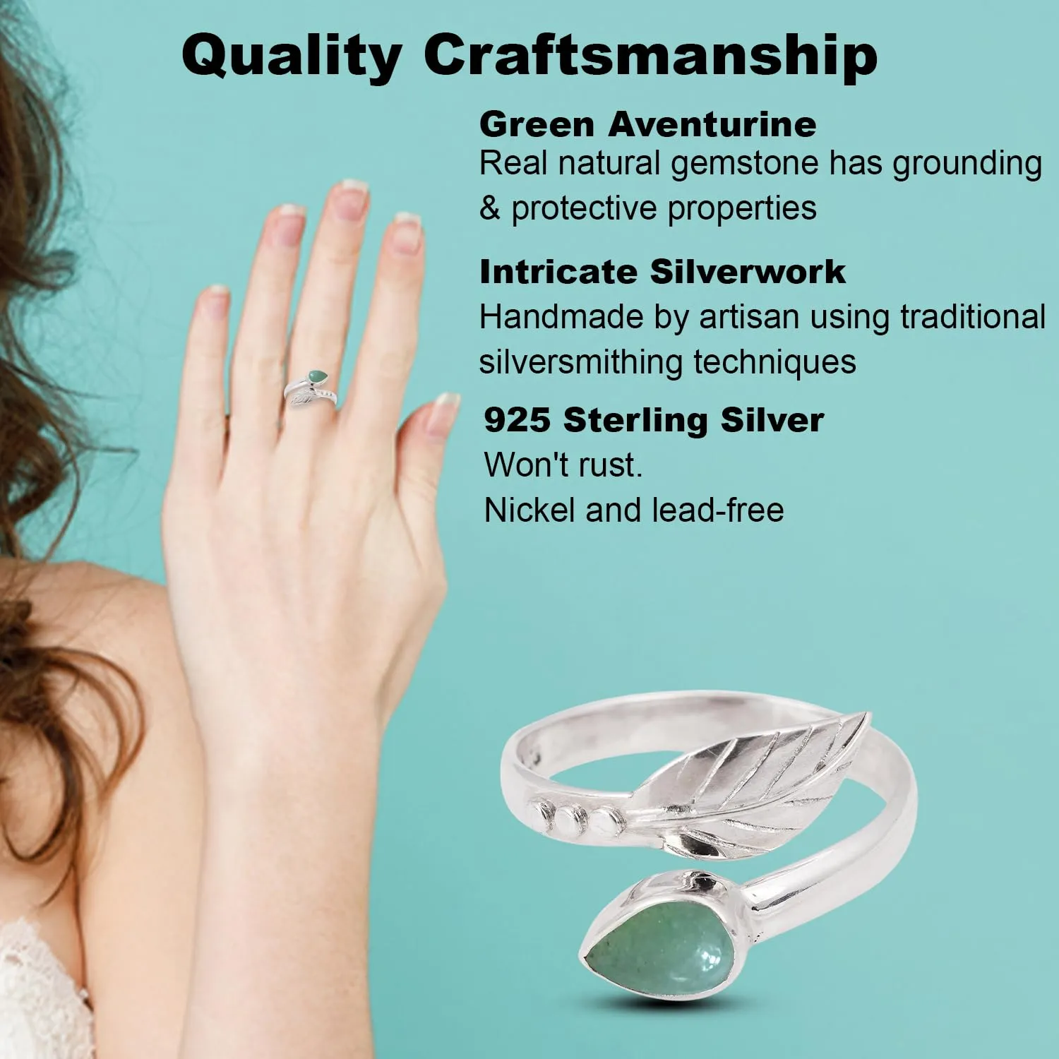 Green Aventurine Ring Designer Leaf Adjustable 925 Sterling Silver Rings for Women Girl Pear Stone Ring mothers day gifts