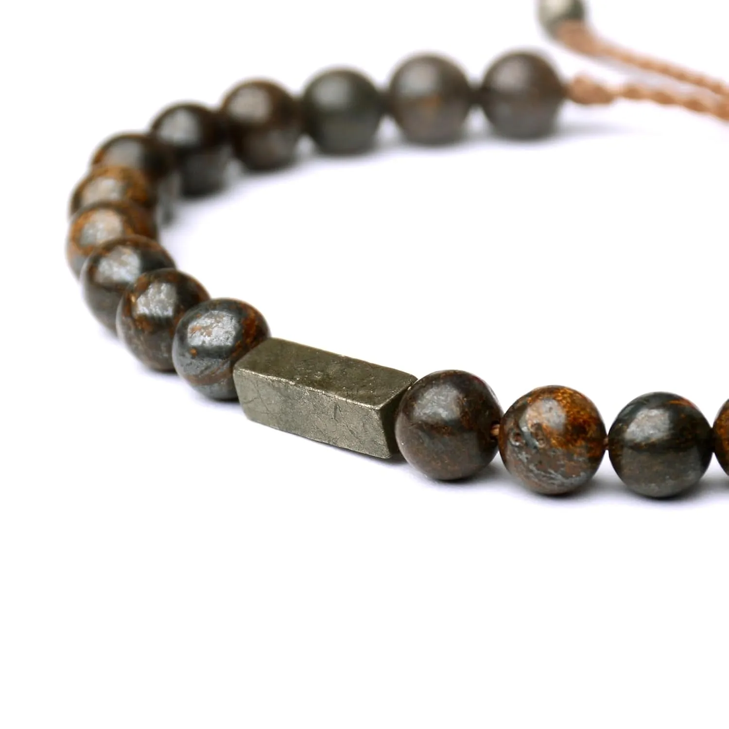 Handmade Natural Gemstone Beaded Healing Bracelet for Men, Adjustable Waterproof Bracelet with 6MM Bronzite Beaded & Pyrite Lucky Brick, Birthday Gifts for Boyfriend Husband Him (Bronzite)