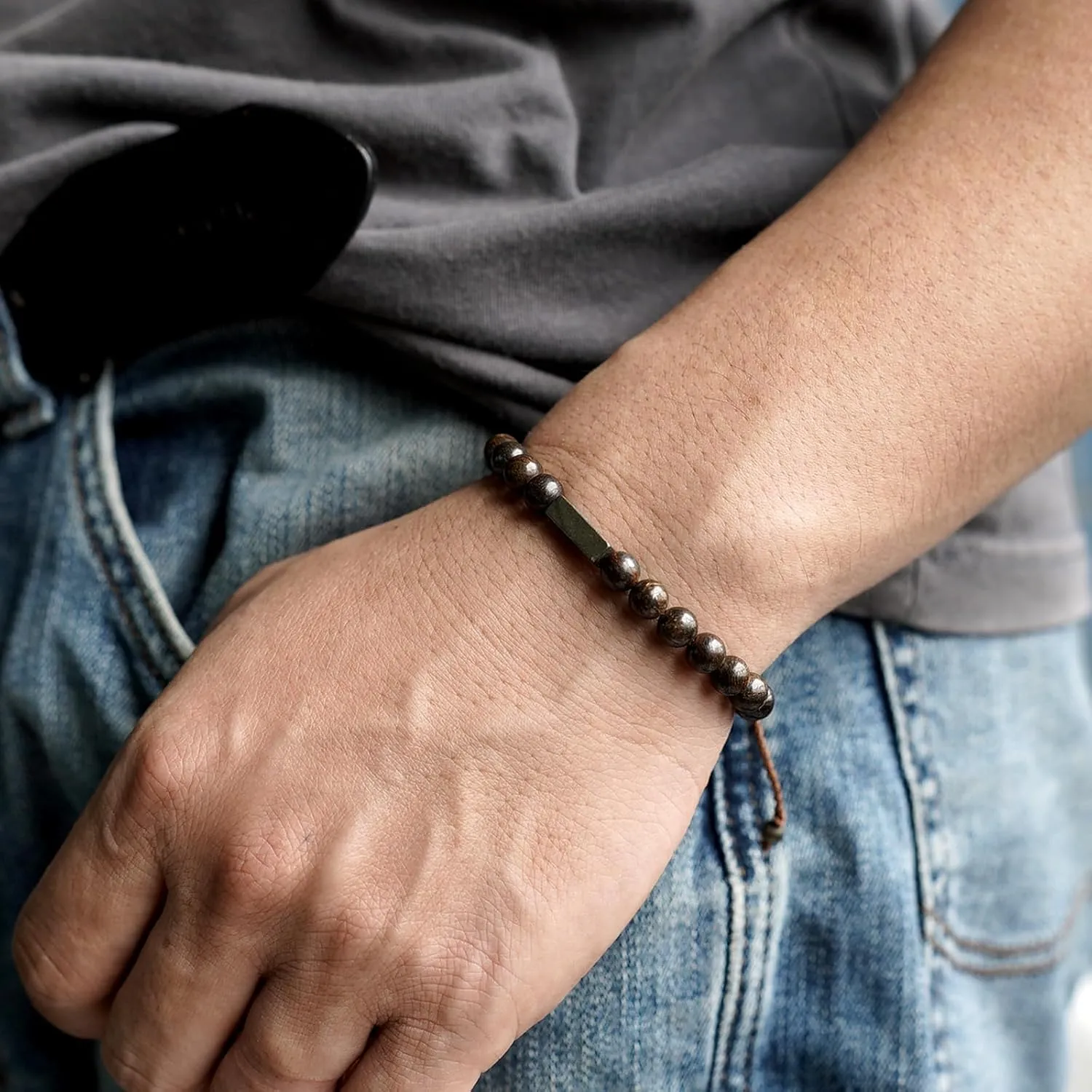 Handmade Natural Gemstone Beaded Healing Bracelet for Men, Adjustable Waterproof Bracelet with 6MM Bronzite Beaded & Pyrite Lucky Brick, Birthday Gifts for Boyfriend Husband Him (Bronzite)