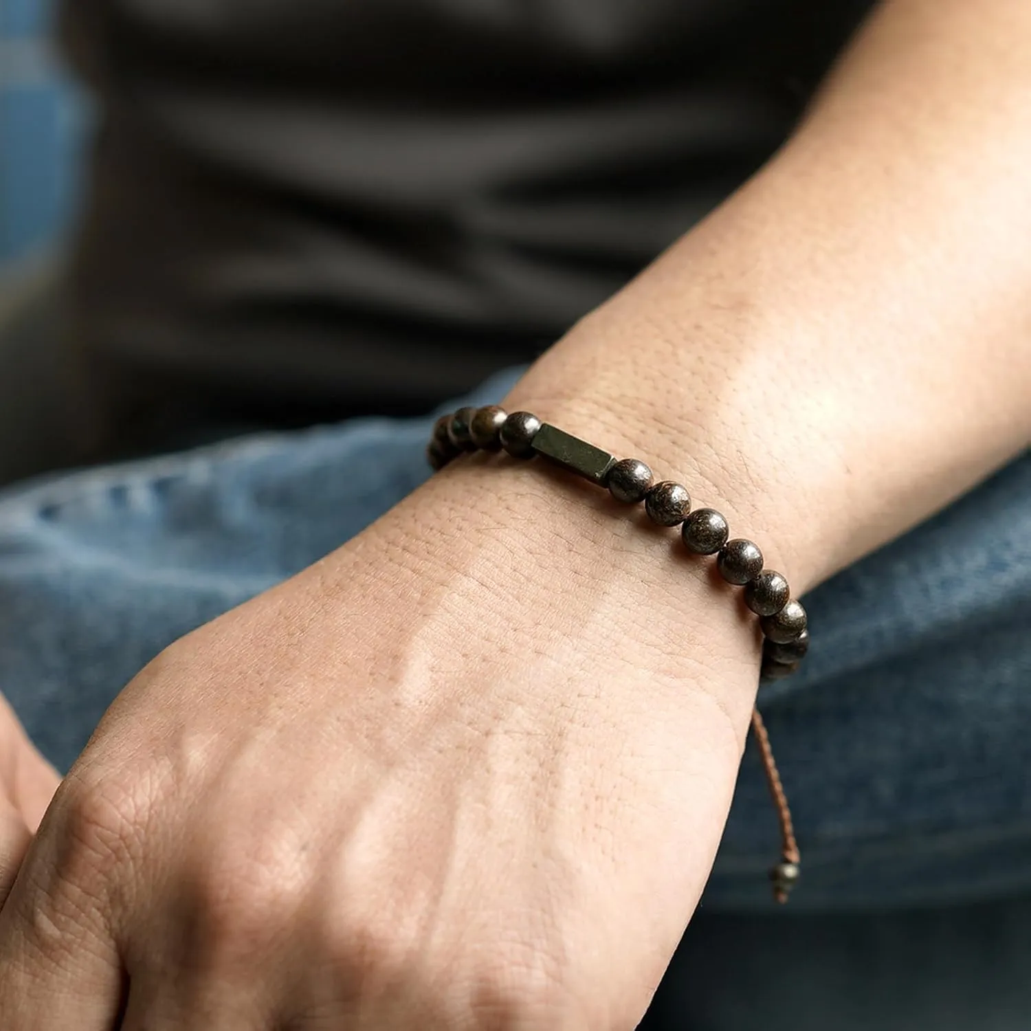 Handmade Natural Gemstone Beaded Healing Bracelet for Men, Adjustable Waterproof Bracelet with 6MM Bronzite Beaded & Pyrite Lucky Brick, Birthday Gifts for Boyfriend Husband Him (Bronzite)