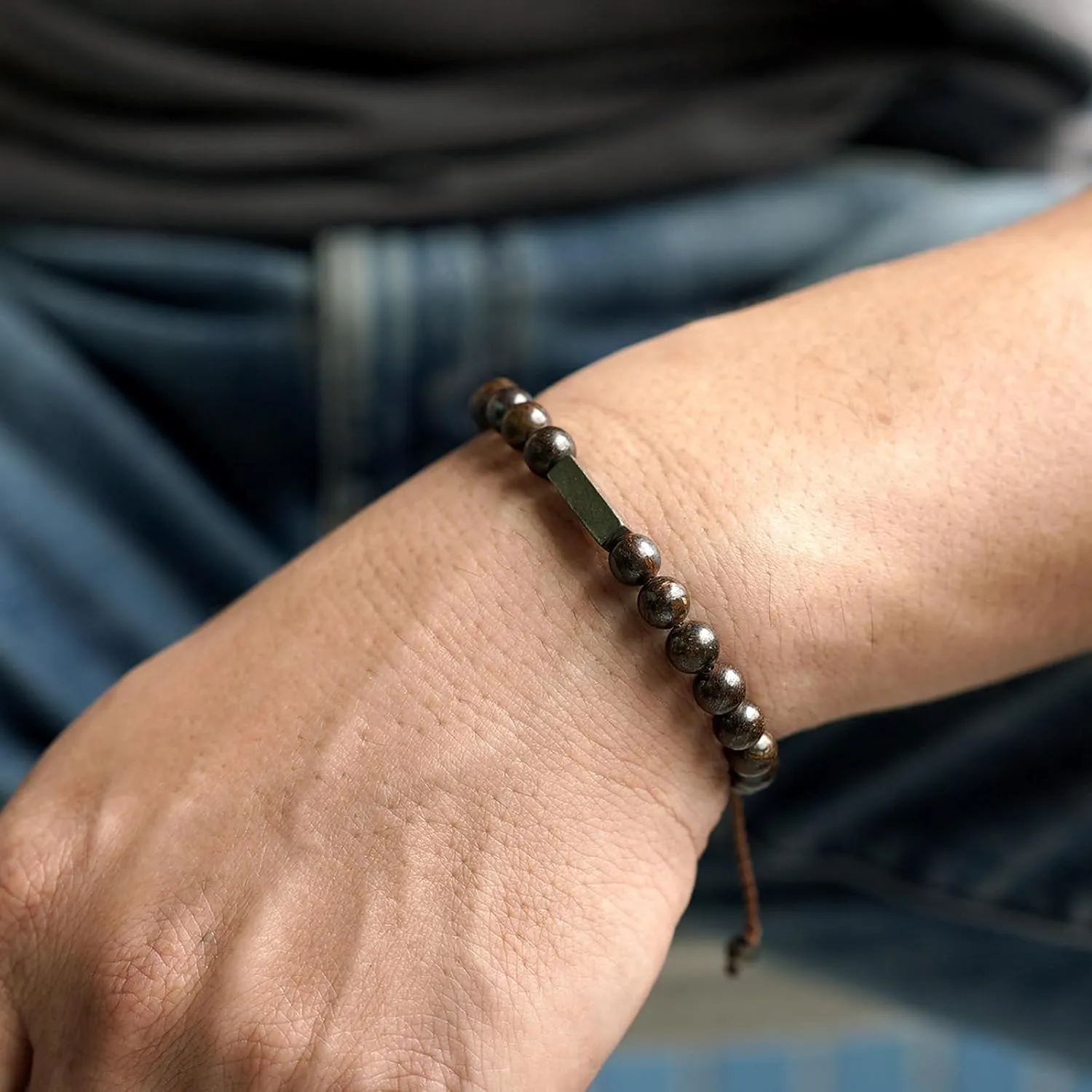 Handmade Natural Gemstone Beaded Healing Bracelet for Men, Adjustable Waterproof Bracelet with 6MM Bronzite Beaded & Pyrite Lucky Brick, Birthday Gifts for Boyfriend Husband Him (Bronzite)