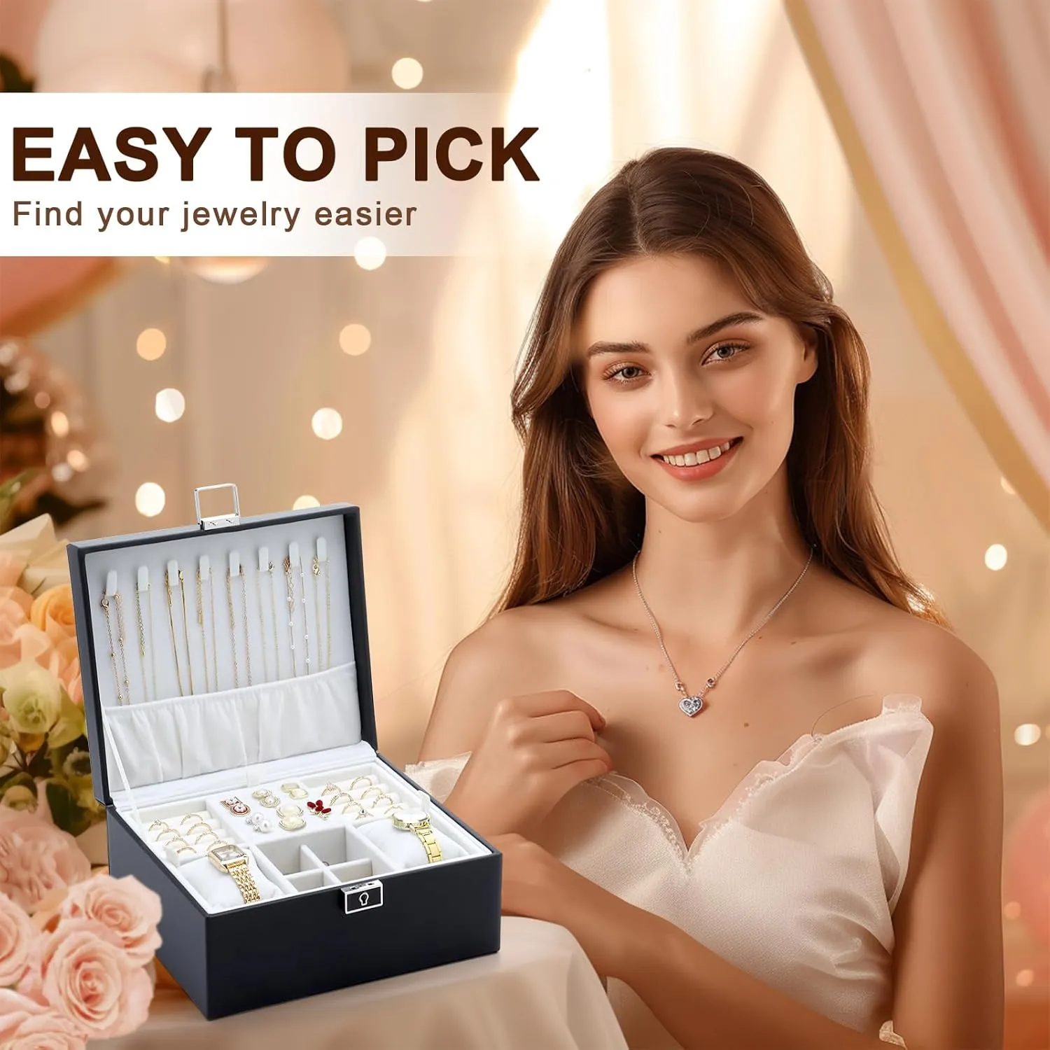 Jewelry Organizer Boxes for Women,Travel Jewelry Case, 2 Layers Removable Jewelry Box,Storage for Necklace, Bracelet, Earring,Rings,Jewelry Box Gifts for Women Girls