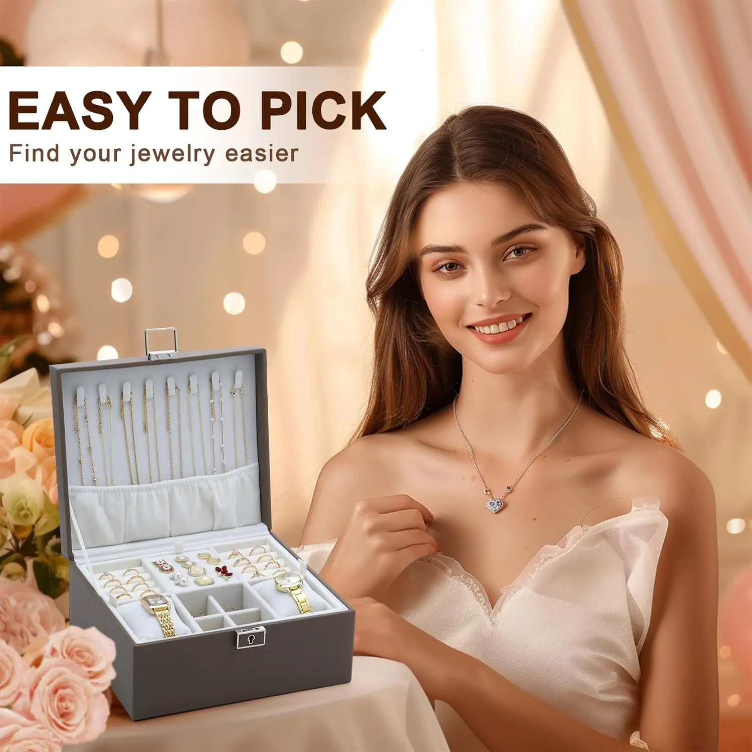 Jewelry Organizer Boxes for Women,Travel Jewelry Case, 2 Layers Removable Jewelry Box,Storage for Necklace, Bracelet, Earring,Rings,Jewelry Box Gifts for Women Girls