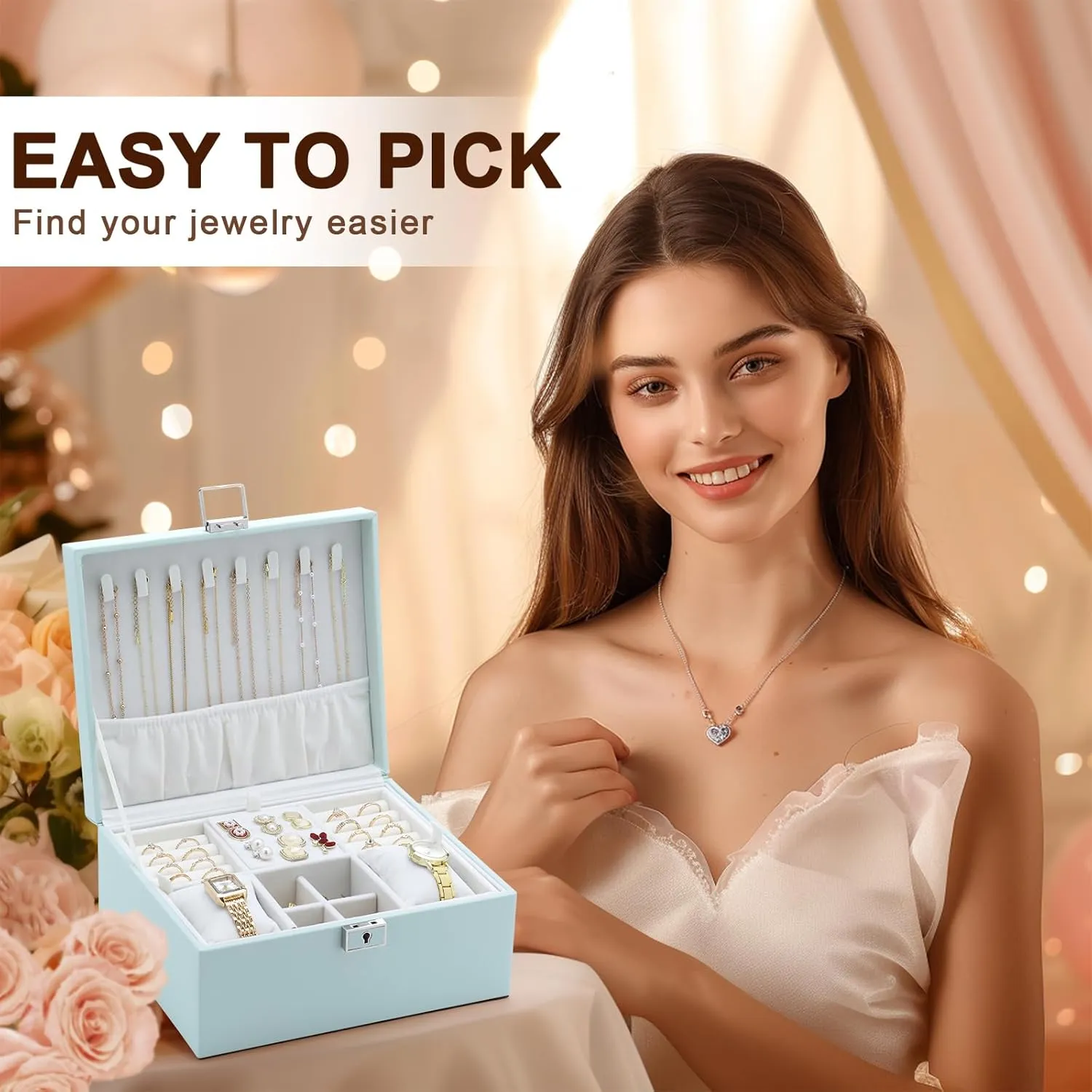 Jewelry Organizer Boxes for Women,Travel Jewelry Case, 2 Layers Removable Jewelry Box,Storage for Necklace, Bracelet, Earring,Rings,Jewelry Box Gifts for Women Girls