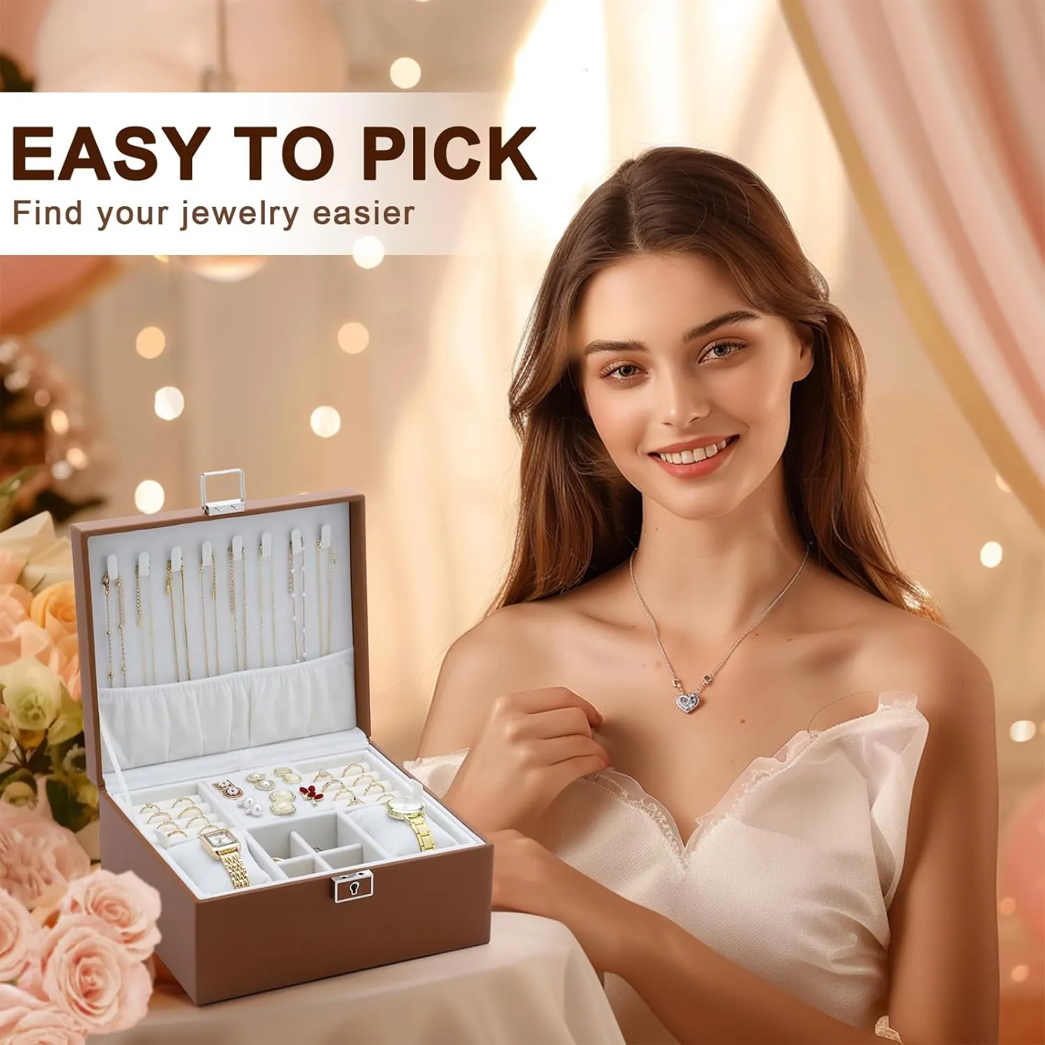 Jewelry Organizer Boxes for Women,Travel Jewelry Case, 2 Layers Removable Jewelry Box,Storage for Necklace, Bracelet, Earring,Rings,Jewelry Box Gifts for Women Girls