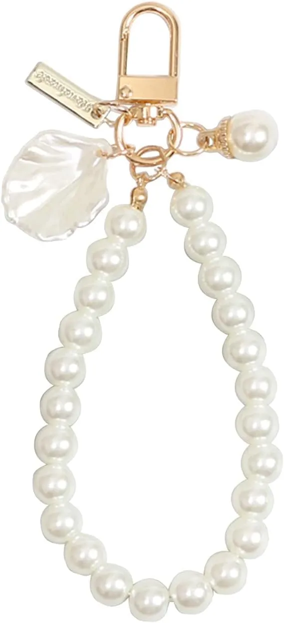 Jowxsx White Heart Pearl Keychain Phone Chain Pendant Shell Pearl Bag Keyring Hanging Ornament Car Key-Holder Decor Women's Keyrings and Keychains