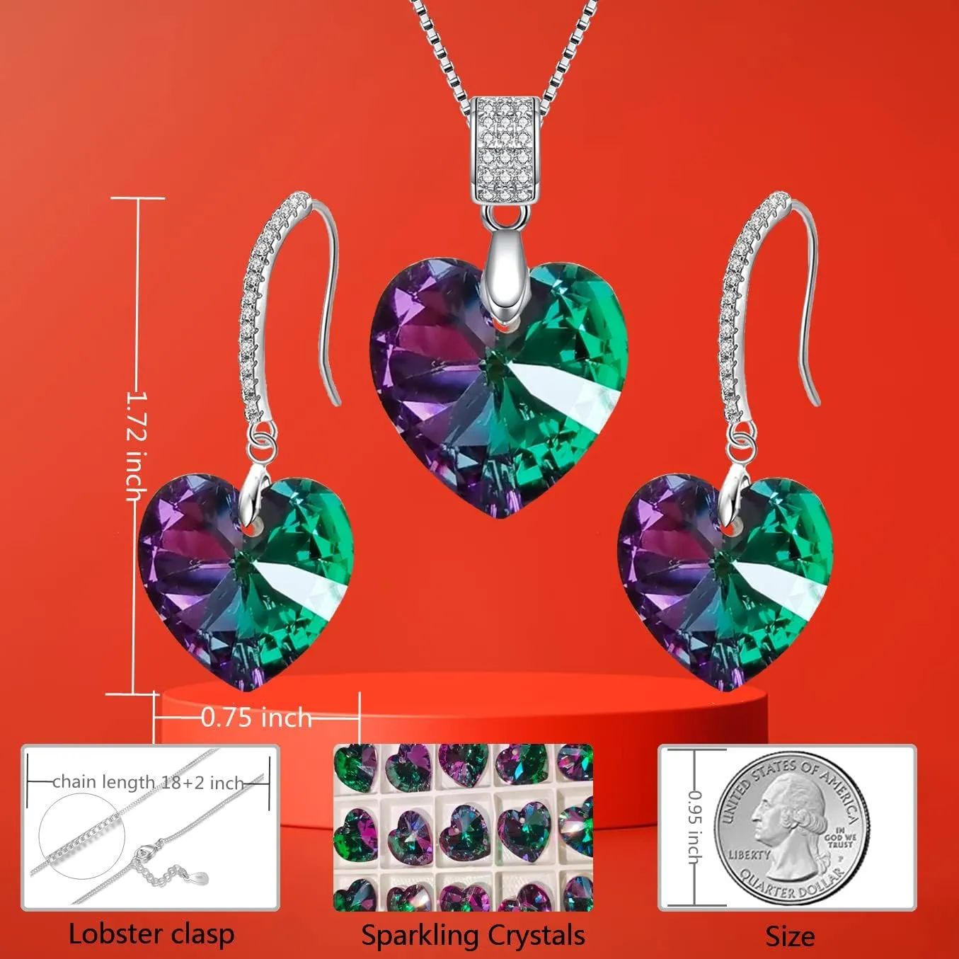 Love Heart Necklace Earrings Jewelry Set for Women Austrian Crystal Dangle Earrings Christmas Jewelry Gift for Women Wife Girls