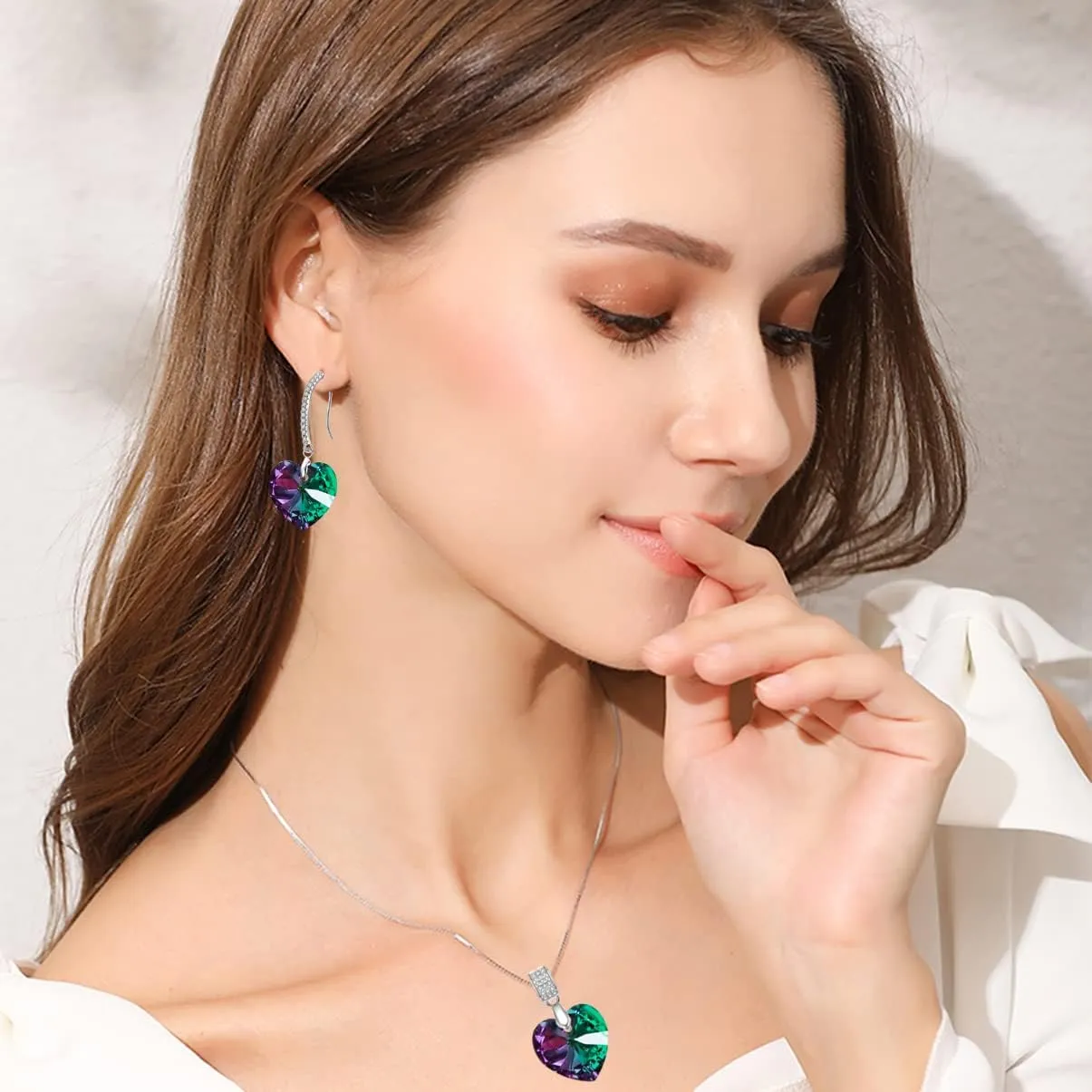 Love Heart Necklace Earrings Jewelry Set for Women Austrian Crystal Dangle Earrings Christmas Jewelry Gift for Women Wife Girls