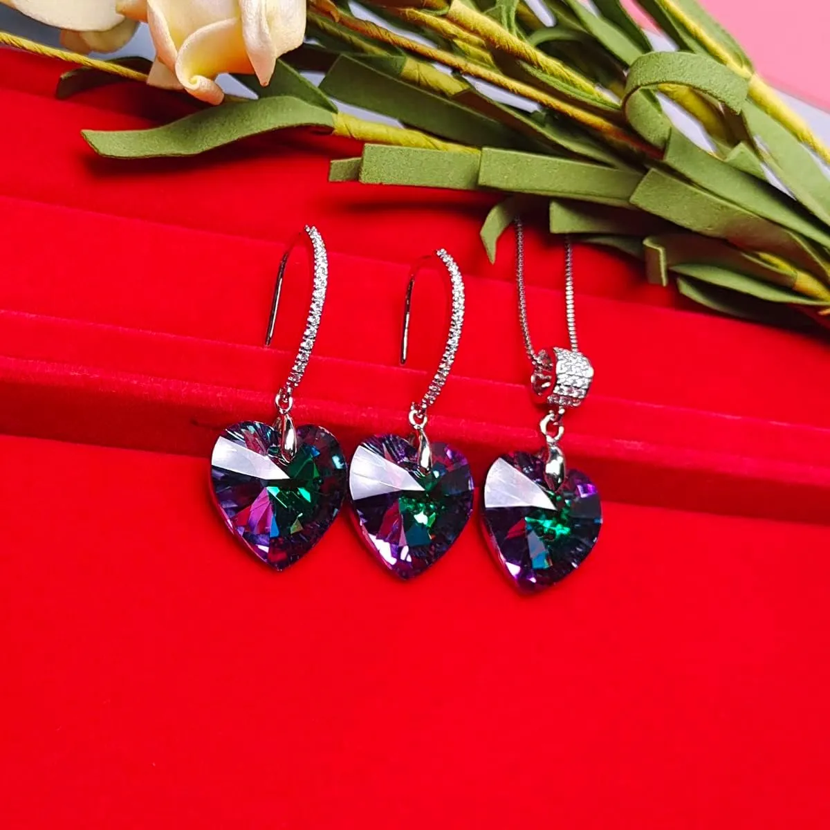 Love Heart Necklace Earrings Jewelry Set for Women Austrian Crystal Dangle Earrings Christmas Jewelry Gift for Women Wife Girls