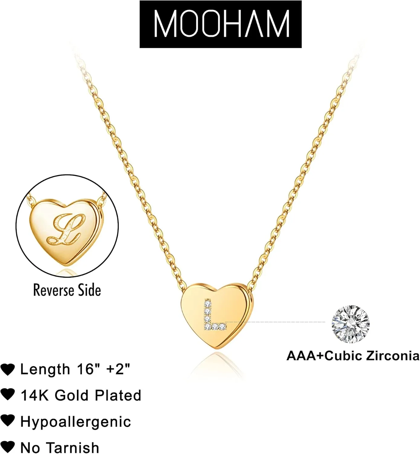 M MOOHAM Initial Heart Necklace for Girls Women, Dainty Cubic Zirconia Initial Heart Pendant Necklace for Women Girls Jewelry Gifts