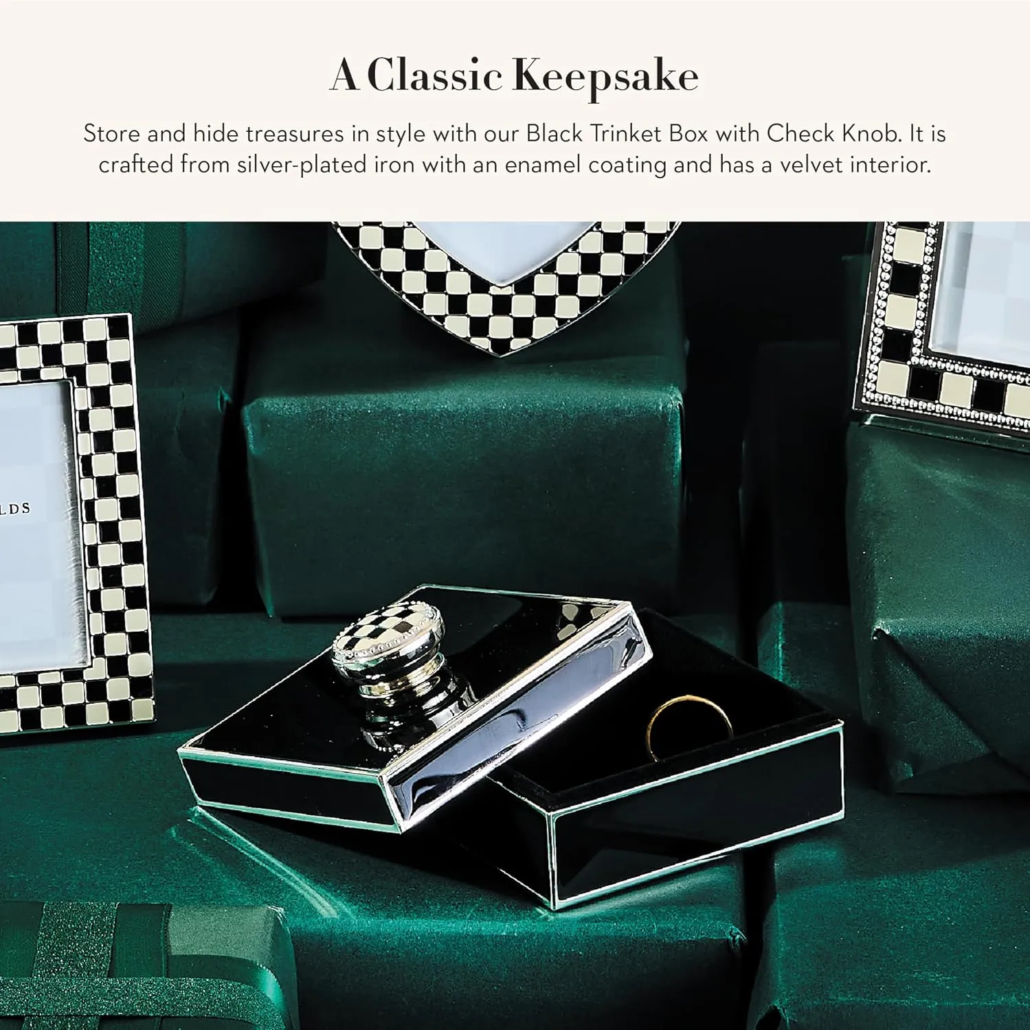 MACKENZIE-CHILDS Silver-Plated Trinket Box with Check Knob, Small Decorative Box for Jewelry, Keepsakes, Ring Storage, or Gift Giving, Black