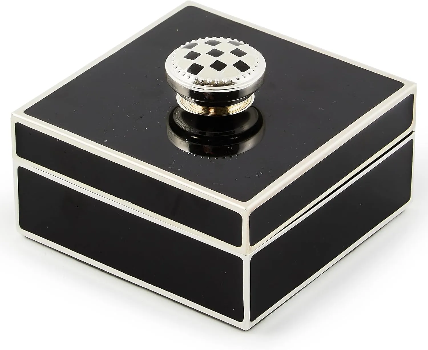 MACKENZIE-CHILDS Silver-Plated Trinket Box with Check Knob, Small Decorative Box for Jewelry, Keepsakes, Ring Storage, or Gift Giving, Black