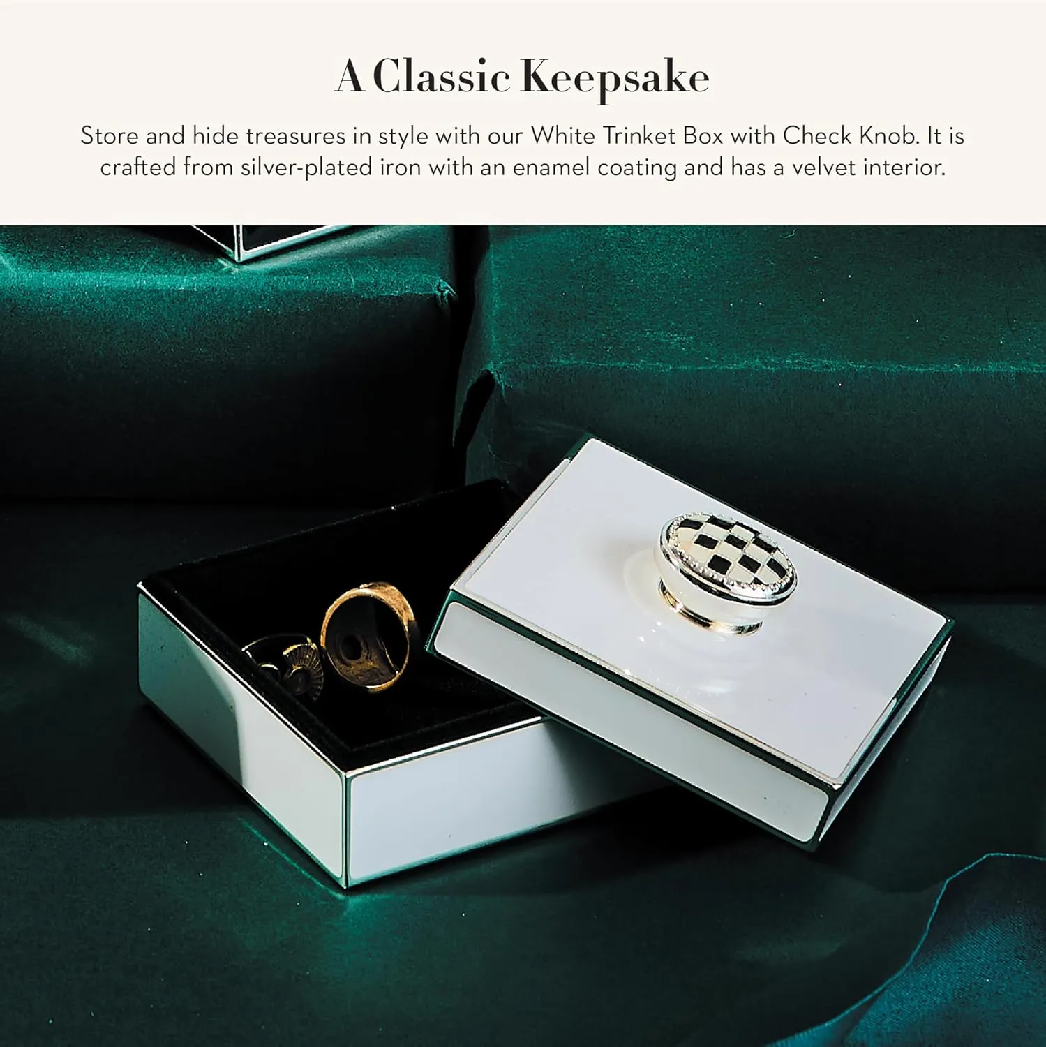 MACKENZIE-CHILDS Silver-Plated Trinket Box with Check Knob, Small Decorative Box for Jewelry, Keepsakes, Ring Storage, or Gift Giving, White