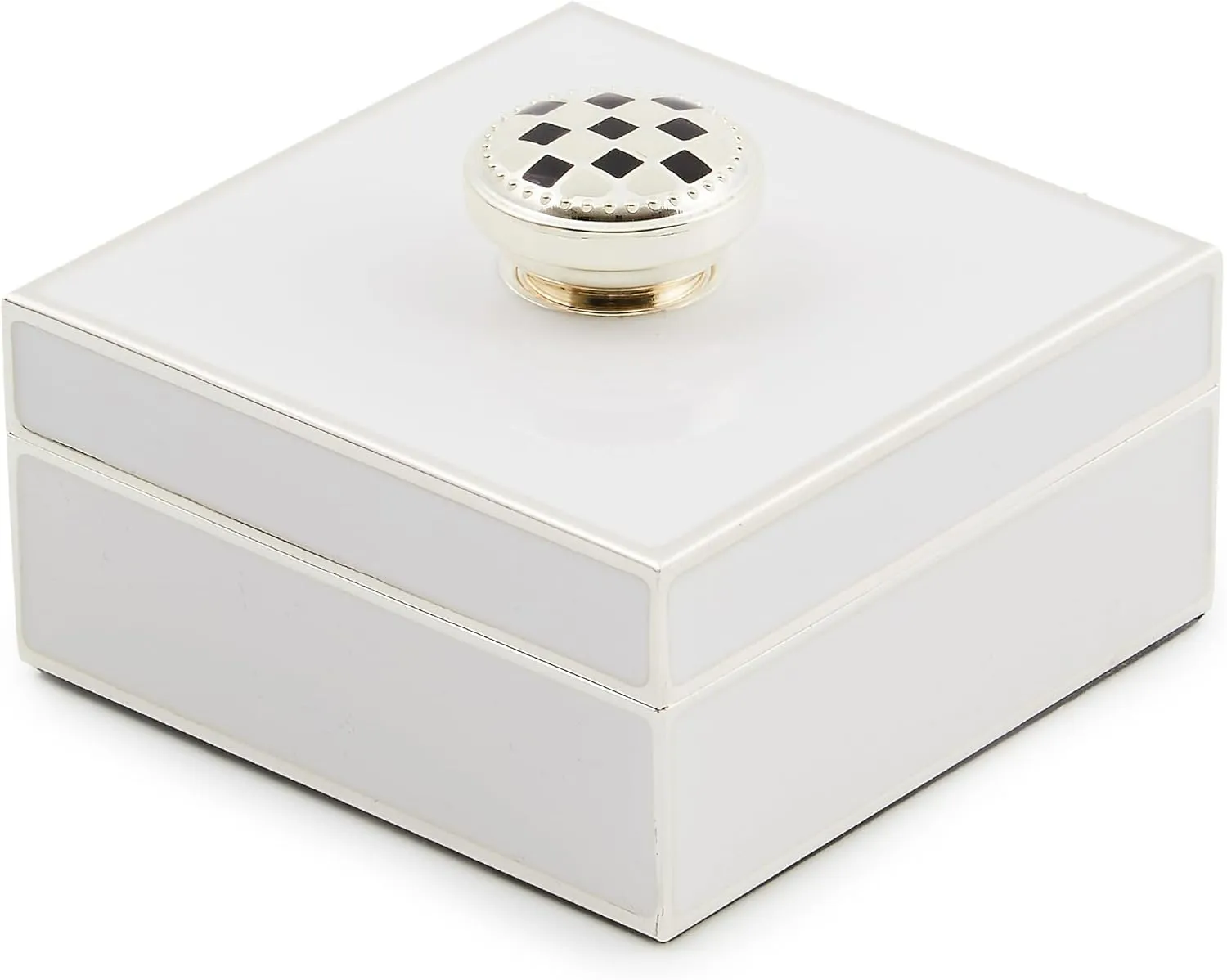 MACKENZIE-CHILDS Silver-Plated Trinket Box with Check Knob, Small Decorative Box for Jewelry, Keepsakes, Ring Storage, or Gift Giving, White