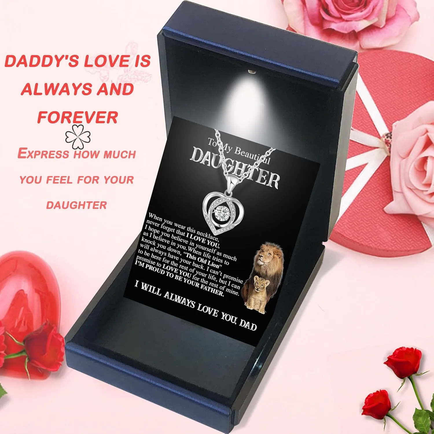MGOOL Daughter Gifts From Dad To My Daughter Necklace 925 Sterling Silver Pendant Necklace Graduation Gifts Birthday Christmas Message CardLED Gift Box