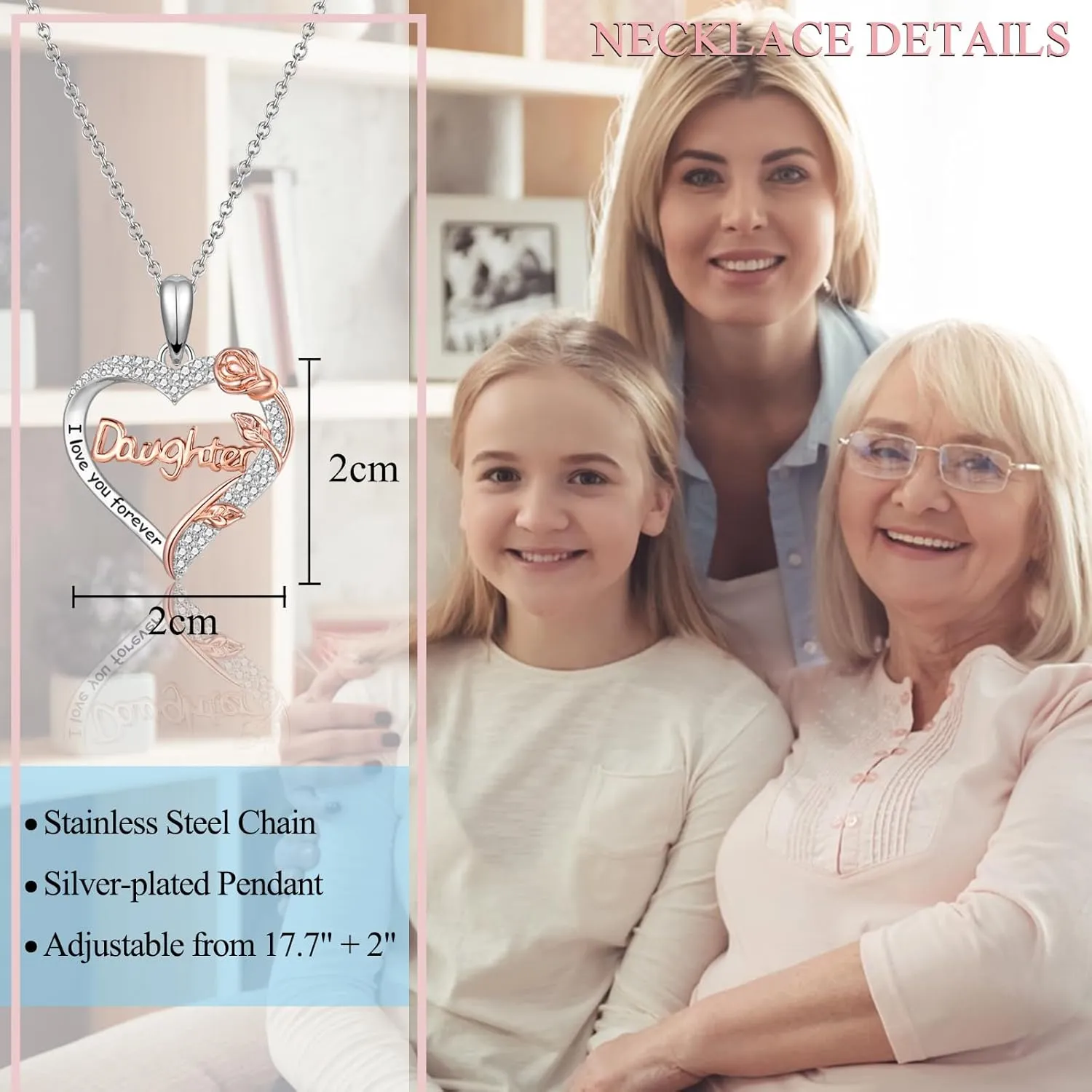 Nana Mom Daughter Necklace Gifts for Nana Grandma Grandmother Mom Daughter, To My Nana Mom Daughter Rose Heart Pendant Necklace Gifts -Birthday Christmas Wedding Retirement Gifts for Women Teen Girls Her