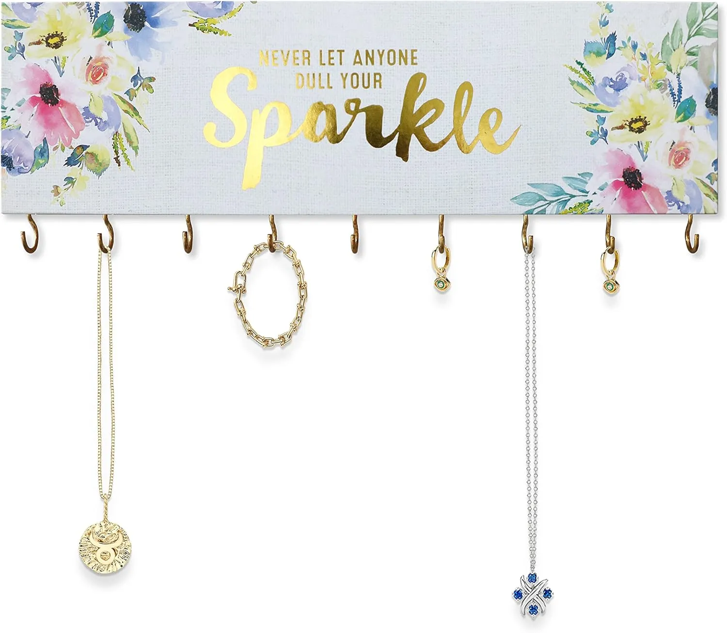 SANY DAYO HOME Never Let Along Dull Your Sparkle Wall Mount Necklace Holder Organizer with 9 Jewelry Hooks for Ring, Hair Bow, Headband, Purse - Wall Decor for Girls Room