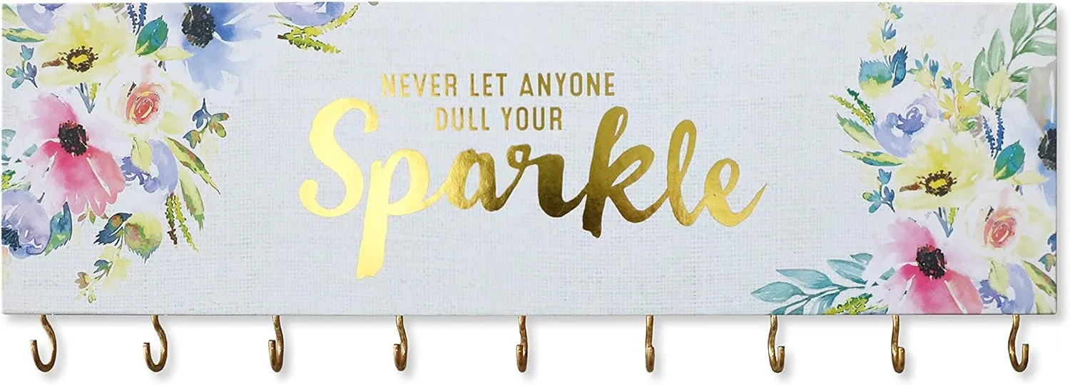 SANY DAYO HOME Never Let Along Dull Your Sparkle Wall Mount Necklace Holder Organizer with 9 Jewelry Hooks for Ring, Hair Bow, Headband, Purse - Wall Decor for Girls Room